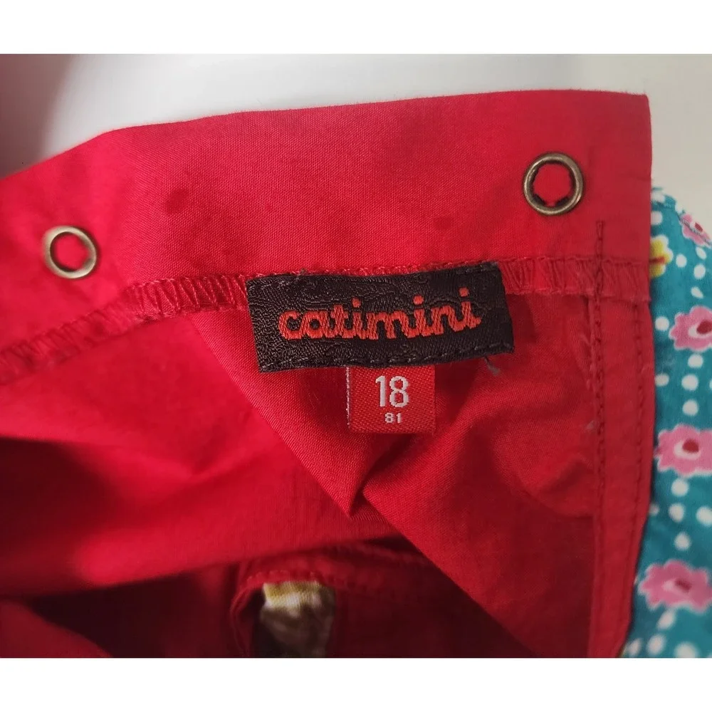 Catimini Dress Baby 18M Red Floral Whimsical Embroidery Bow Ruffle Hem France